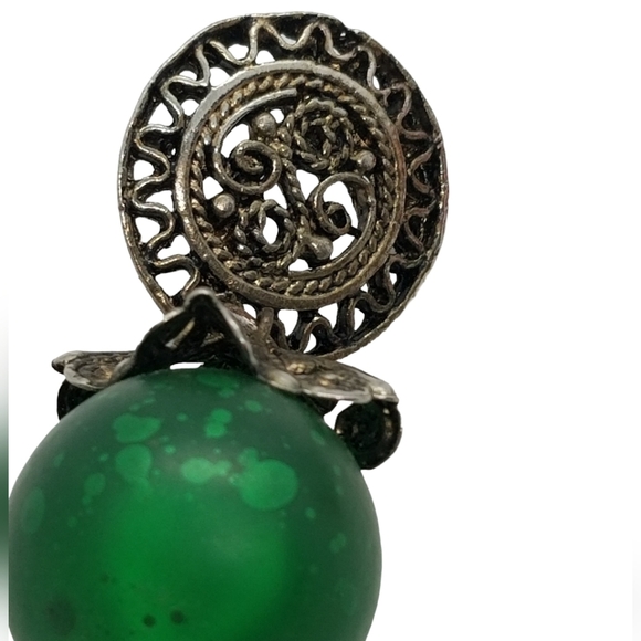 VINTAGE GREEN, RED & PURPLE,  ACRYLIC  HOLLOW BALL DROP STYLE EARRINGS - Picture 3 of 6